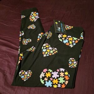 Charlies Project Leggings One Size Fits 4-14 Womens Black Puzzle Heart Awareness